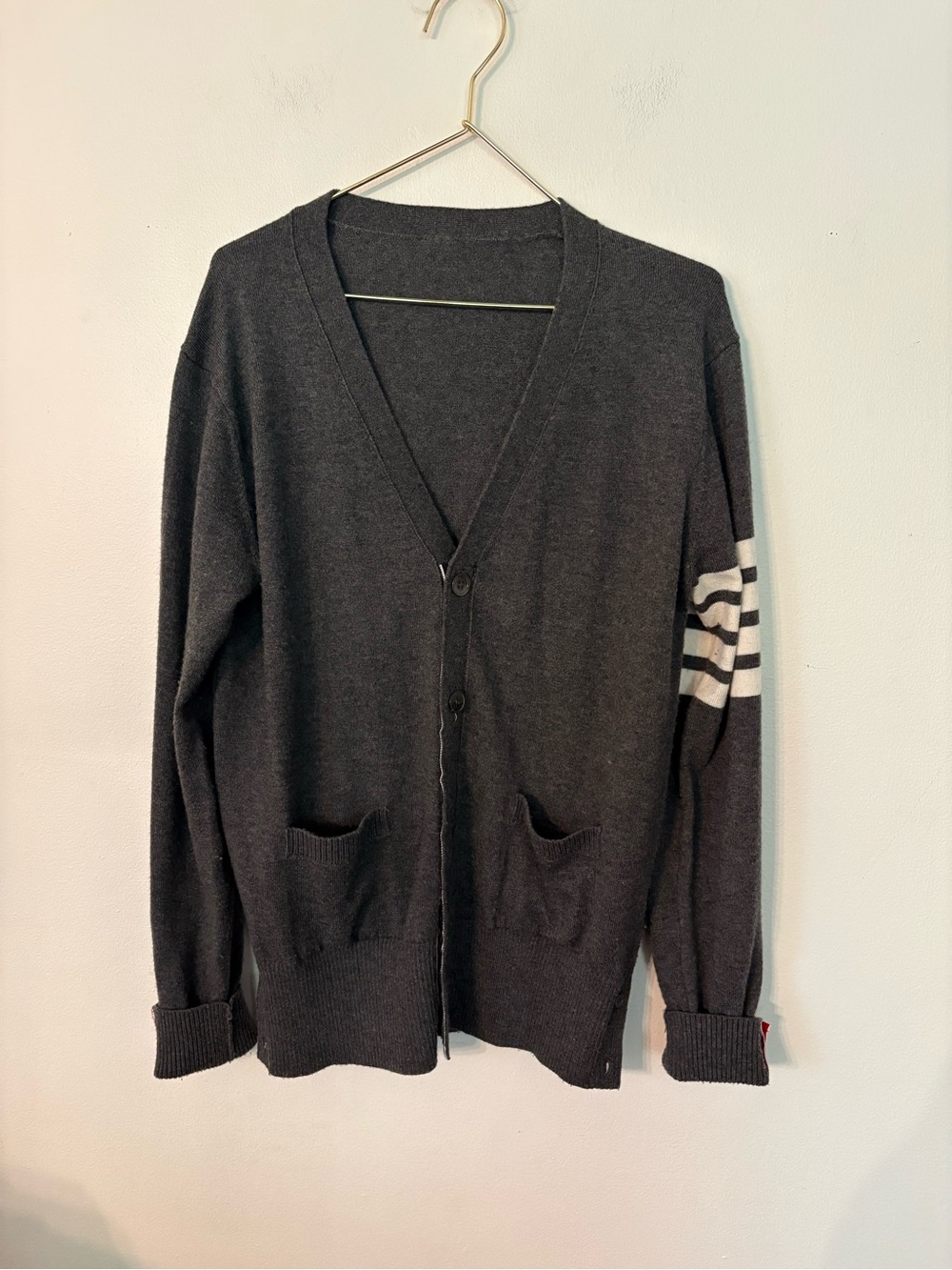 Thom Browne Charcoal Cardigan with White Sleeve Stripes